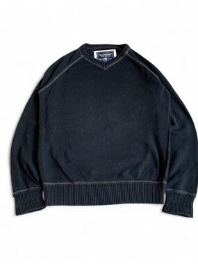 Vintage 90s blue notes black 100% cotton knit sweater with white stitching detai